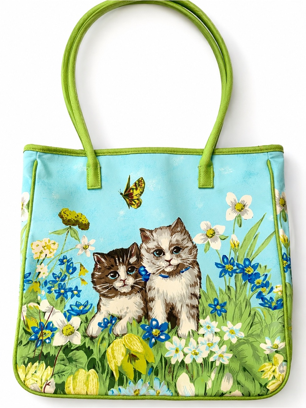 Vintage Kitten Floral Tote Bag Blue Green PVC Tote Cottagecore Y2K